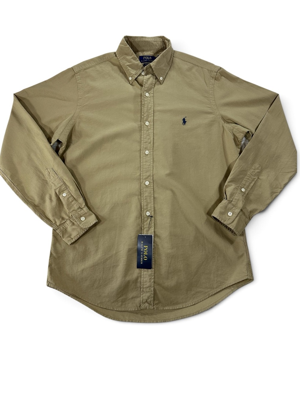 Polo Ralph Lauren Men's M Classic Fit Button-Down Shirt in Beige with Navy Logo